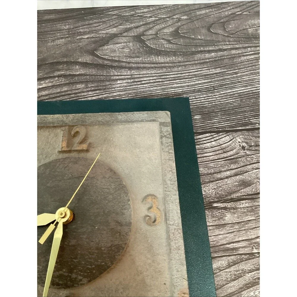 Rustic Slate,metal Clock W/ Green Border, Brownish Face,gold Brass Clock Hands